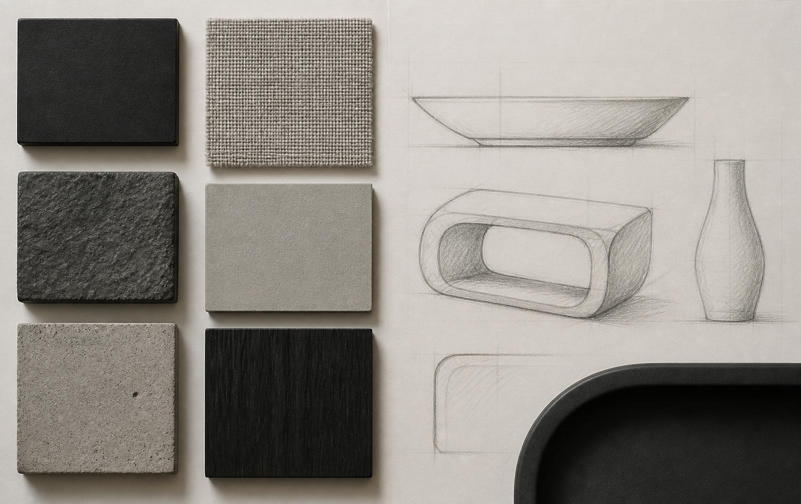 Neutral material samples and product design sketches arranged on paper